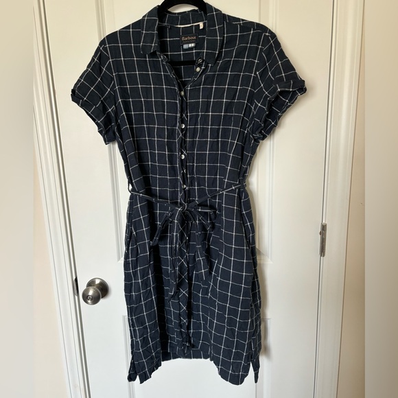 EUC Barbour Navy Blue and White Buttoned Tie Front Mini Shirt Dress - Picture 1 of 3